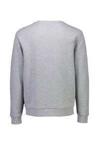 Felpa grigia con scollatura a girocollo, maniche lunghe e polsini a costina, caratterizzata da una trama liscia e un design minimalista.