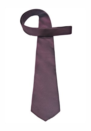 Dark purple necktie made of smooth fabric, partially looped with a simple, classic design on a white background.