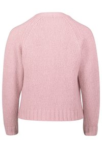 Pull en maille rose douce à manches longues vu de dos, avec poignets et ourlet côtelés.