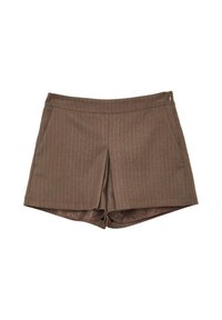 Pantaloni corti marroni con una trama a righe sottili, realizzati in tessuto morbido. Presentano una vita aderente con chiusura con zip e tasche laterali.