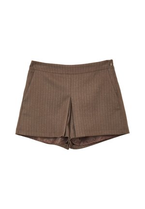 Pantaloni corti marroni con una trama a righe sottili, realizzati in tessuto morbido. Presentano una vita aderente con chiusura con zip e tasche laterali.