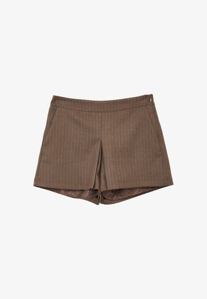 Pantaloni corti marroni con una trama a righe sottili, realizzati in tessuto morbido. Presentano una vita aderente con chiusura con zip e tasche laterali.