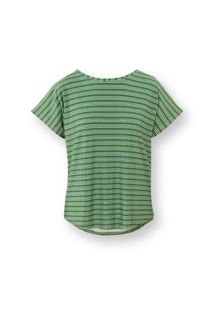 Green short-sleeve shirt with horizontal white and dark green stripes, round neckline, and slightly curved hem on a white background.