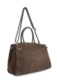 Bruine suède handtas met twee bovenhandvatten en een afneembare grijze schouderriem. Voorzien van gladleren accenten en een gestructureerd ontwerp.