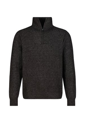 Dark grey knitted pullover sweater with a high collar and short zipper at the front, long sleeves, and ribbed cuffs and hem.