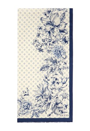 Écharpe ivoire à motif floral avec des fleurs bleu marine, des feuilles et de petits détails de papillons, bordure bleu marine et logo "GUESS" dans un coin.