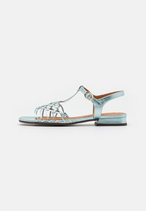 Sandal in blu metallico con un design intrecciato, cinturino regolabile alla caviglia e tacco basso. Texture liscia e punta aperta.