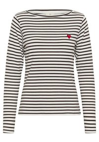 Gestreiftes Langarmhemd in Weiß und Braun mit Rundhalsausschnitt und einer kleinen roten Herzstickerei auf der linken Brustseite. Weicher Stoff.