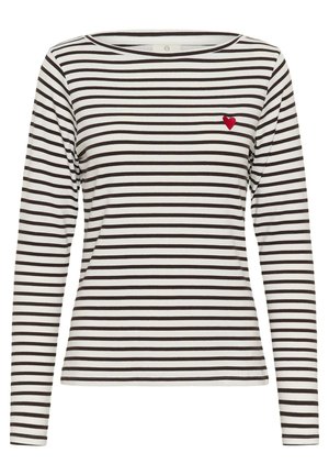 Striped long-sleeve shirt in white and brown with a round neck and a small red heart embroidery on the left chest area. Soft fabric.