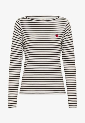 Gestreepte lange mouwen shirt in wit en bruin met een ronde hals en een kleine rode hart borduursel op de linker borst. Zacht stof.