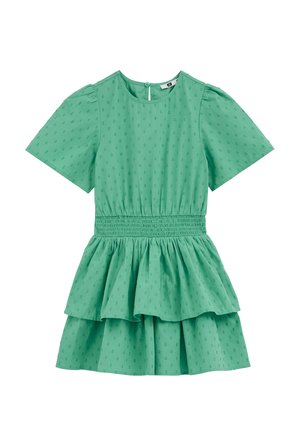 Zielona sukienka z krótkim rękawem, marszczonym pasem, warstwową spódnicą, delikatnym wzorem w kropki oraz okrągłym dekoltem z zapięciem na guziki z tyłu.
