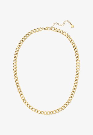 Goldene Kette mit ovalen Gliedern und Karabinerverschluss, mit verstellbarem Verlängerungsband und einem kleinen vogelartigen Anhänger.