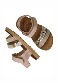 Rosa sandalen met textured synthetische banden, metalen accenten en kleurrijke kraaldetails. Zachte voetbed en rubberen zool voor grip.