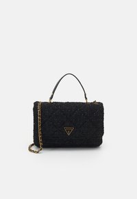 Zwarte gewatteerde handtas met een gestructureerde stof, gouden kettingriem en een driehoekige logoplaat. Heeft een gestructureerde vorm en een slanke handgreep.