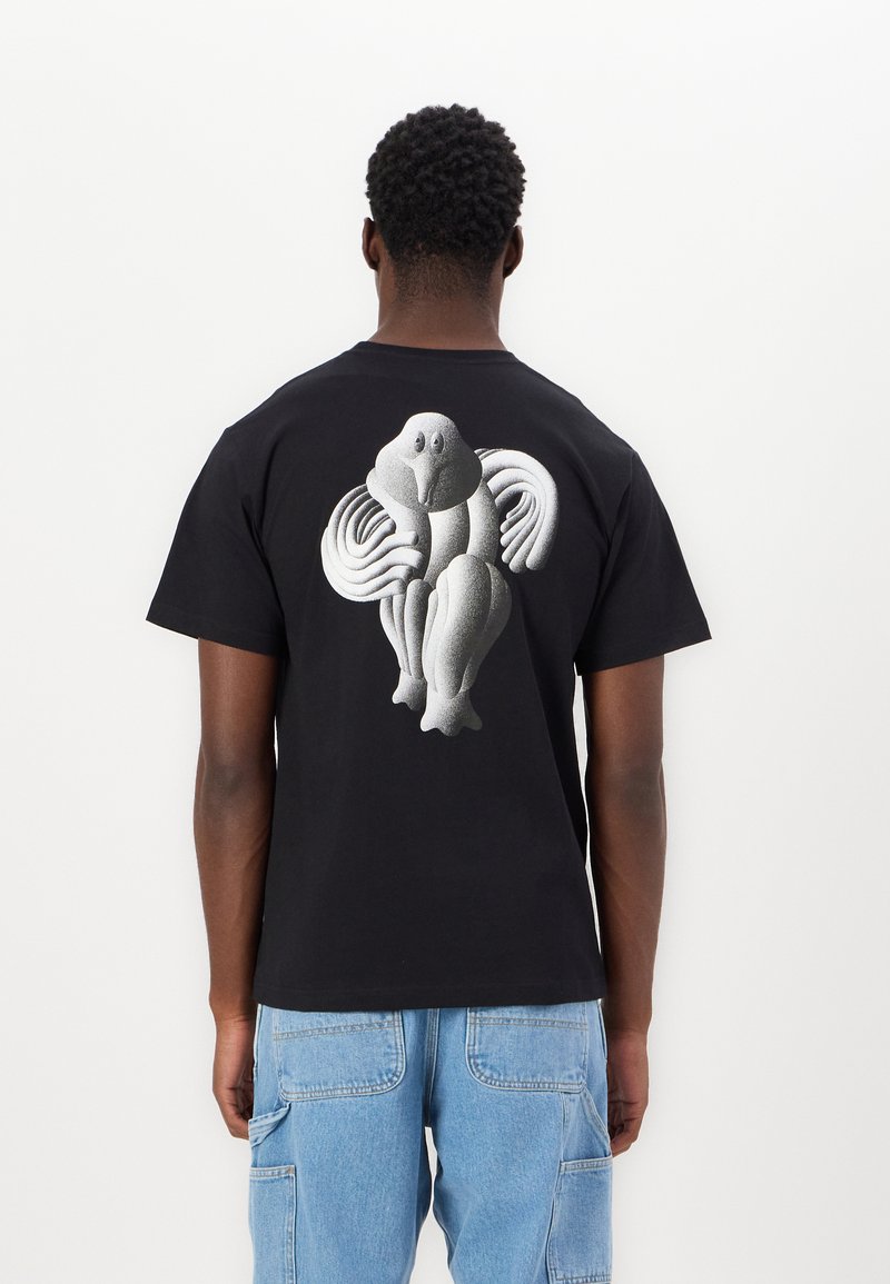 Black cotton t-shirt featuring a large, textured gray graphic of a stylized figure on the back, with short sleeves and a relaxed fit.