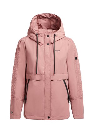 Giacca a vento rosa con zip frontale, Tasche laterali, cordini regolabili e dettagli in metallo nero a contrasto. Finitura in tessuto testurizzato.