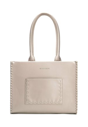Beige rechthoekige leren handtas met gestikte randen, dubbele schouderbanden, voorvak omlijnd met vierkante stiksels en het logo "WITTCHEN".