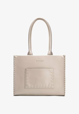Bolso de mano rectangular de cuero beige con bordes cosidos, doble asa para el hombro, bolsillo frontal delineado con costuras cuadradas y logotipo "WITTCHEN".