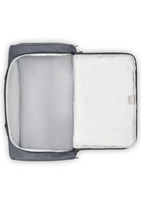Borsa da viaggio in tessuto grigio con chiusura con cerniera. Interno foderato in grigio chiaro con texture liscia. Scomparti spaziosi per l'organizzazione.