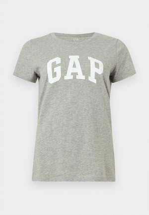 Lysegrå kortærmet bomuld T-shirt med rund hals og stort hvidt "GAP"-logo trykt tværs over brystet.