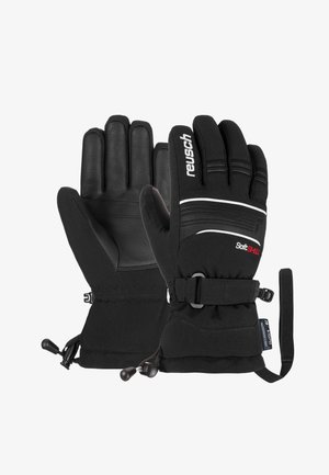 Schwarze Handschuhe mit einer Ledersohle, Softshell-Stoff, verstellbarem Handgelenkriemen und kontrastierenden weißen Akzenten für verbesserte Sichtbarkeit.