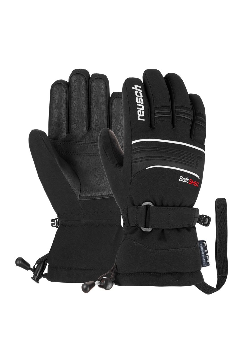 Schwarze Handschuhe mit einer Ledersohle, Softshell-Stoff, verstellbarem Handgelenkriemen und kontrastierenden weißen Akzenten für verbesserte Sichtbarkeit.