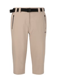 Beige vandretursshorts med et sort justerbart bælte, der har to lynlåslommer på siden og et glat, letvægtsstof.