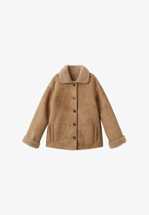 Tan shearling jacket with button front, two side pockets, and plush collar and cuffs, laid flat on white background.