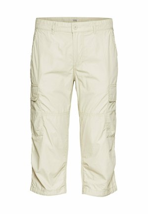 Beige cargoshorts met een relaxte pasvorm, tot op de knie, voorzien van zijzakken, een knoopsluiting en lichtgewicht, gestructureerde stof.