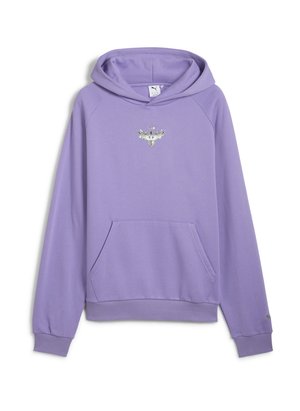 Purple hoodie with a front pocket, raglan sleeves, and a silver emblem on the chest. Soft fabric with a smooth texture and ribbed cuffs.