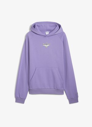 Violeta kapuce ar priekšējo kabatu, raglāna piedurknēm un sudrabainu emblēmu uz krūšu daļas. Mīksta auduma ar gludu tekstūru un ribotām piedurknēm.