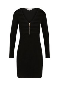 Černé pletené šaty s dlouhými rukávy a hlubokým výstřihem do V. Obsahují horizontální texturované pruhy a přední zip s kulatým táhlem.
