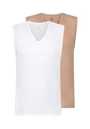 To ærmeløse strikkede veste med V-hals, den ene hvid foran og den anden beige bagved, vist mod en hvid baggrund.