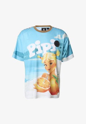 Vaaleansininen lyhythihainen T-paita, jossa on rantateemainen kuva: hahmo juo hedelmästä, ja tekstinä on paksulla valkoisella "Pipi".