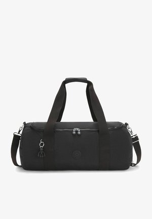 Sac de sport noir en tissu durable, doté de doubles poignées supérieures, d'une bandoulière réglable et d'un compartiment principal zippé avec un détail de logo.