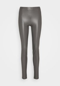 Szare legginsy z imitacji skóry o dopasowanym kroju, gładkiej fakturze i wysokim pasie, sięgające do kostek. Brak widocznych wzorów.