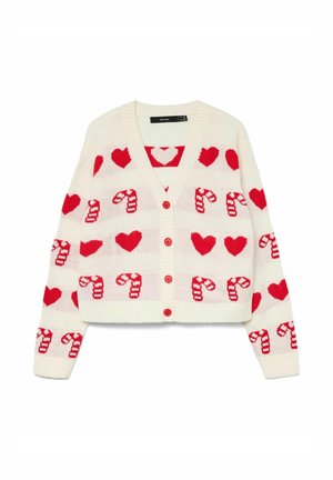 Witte gebreide cardigan met rode hart- en zuurstokpatronen, v-hals, geribde afwerking en vier rode knopen aan de voorkant.