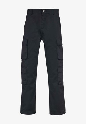 Zwarte cargo broek met een recht model, gemaakt van duurzaam materiaal. Voorzien van meerdere zijzakken en een knoopsluiting.