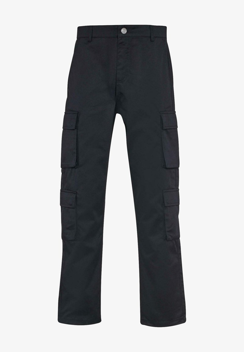 Schwarze Cargo-Hose mit geradem Bein, aus strapazierfähigem Material gefertigt. Verfügt über mehrere Seitentaschen und einen Knopfverschluss.