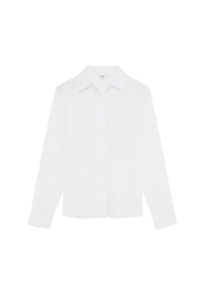 White long-sleeve shirt with a collared neckline, button-up front, and single chest pocket; made from a smooth, lightweight fabric.