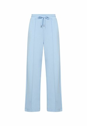 Lyseblå bukser med vide ben og snøre i taljen, lavet af blødt stof, med læg foran og en afslappet pasform.