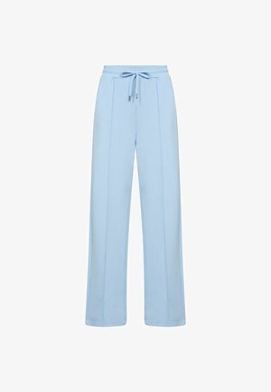 Hellblaue Hosen mit weitem Bein und Kordelzugbund, aus weichem Stoff, mit Falten an der Vorderseite und entspannter Passform.