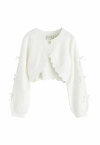 Weißes kurzes Cardigan mit gewellten Kanten, Knopfverschluss, langen Ärmeln mit gebundenen Akzenten und weicher Stricktextur.