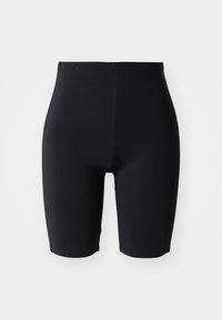 Crne prilagođene kratke hlače izrađene od glatkog, rastezljivog materijala. Imaju visoki pojas i elegantan, minimalistički dizajn bez vidljivih kopči.