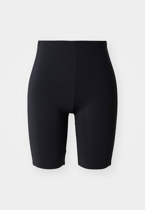 Čierne priliehavé šortky vyrobené z hladkého, elastického materiálu. Majú vysoký pás a hladký, minimalistický dizajn bez viditeľných zapínaní.