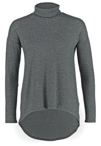 Maglione grigio a maniche lunghe con collo alto realizzato in tessuto morbido, con orlo curvo e spacchi laterali, dal taglio rilassato.