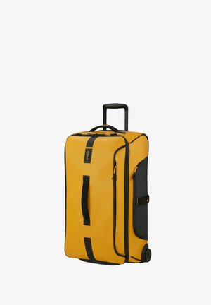 Valise à roulettes jaune et noire avec poignée télescopique, poignées latérale et supérieure, et poches zippées.