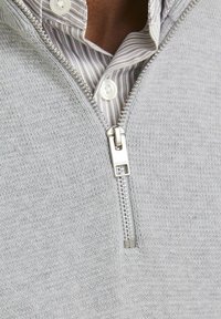 Maglione grigio con zip e lavorazione a maglia strutturata, dotato di hardware della cerniera argentato e una camicia a righe con colletto sotto.