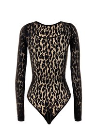 Body à manches longues imprimé léopard avec un col rond, une palette de couleurs noire et beige, et un design en tissu texturé.