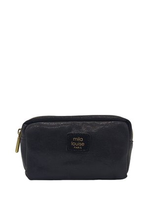 Trousse de maquillage synthétique noire avec une finition texturée, fermeture éclair dorée et une étiquette cousue portant l'inscription "mila louise PARIS." Forme rectangulaire.